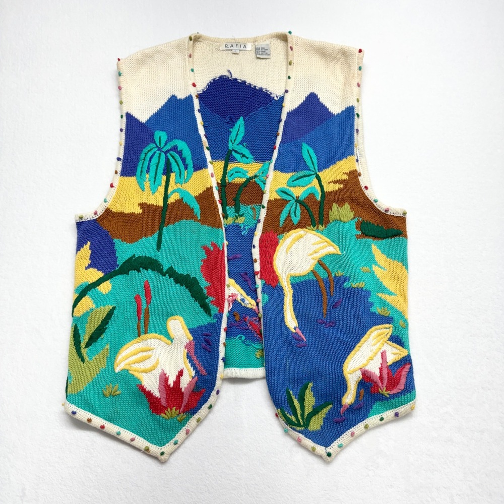 Rafia Vintage Tropical Flamingo Landscape Knit Vest Womens L Multi Ramie Cotton